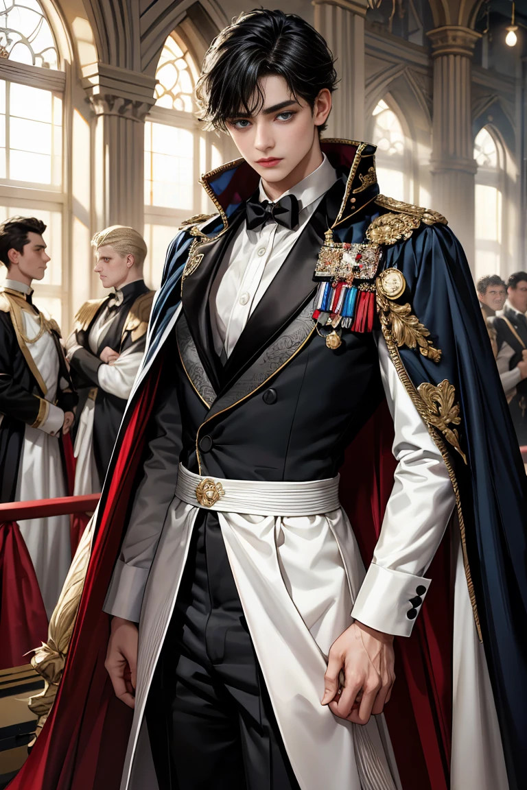 masterpiece, 最high quality, high quality, 1 boy, alone, Male focus, Watching the audience, Messy black hair, Adorable big blue eyes, White, Noble, Noble,Sexy voluminous cape、Tuxedo、A very voluminous, large, very large, very large, long, long red and black cape with a high stand-up collar, reaching down to the floor, made of a lot of fabric., ,Cute beautiful boys,Cute, cute, kind, handsome guy