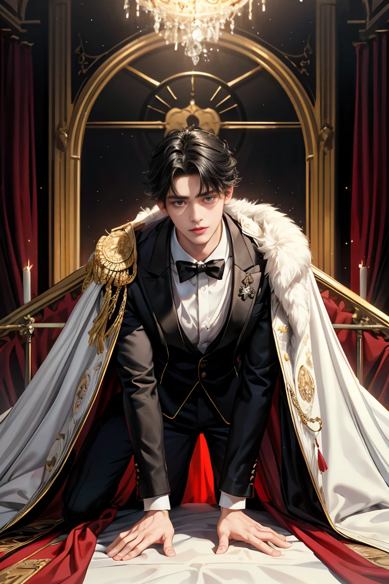 
masterpiece, 最high quality, high quality, 1 boy, alone, Male focus, Watching the audience,  Messy black hair, Adorable big blue eyes, White, Noble, Noble,Sexy voluminous cape、Tuxedo、A very voluminous, large, very large, very large, long, long red and black cape with a high stand-up collar, reaching down to the floor, made of a lot of fabric., ,Cute beautiful boys,Cute, cute, kind, handsome guy