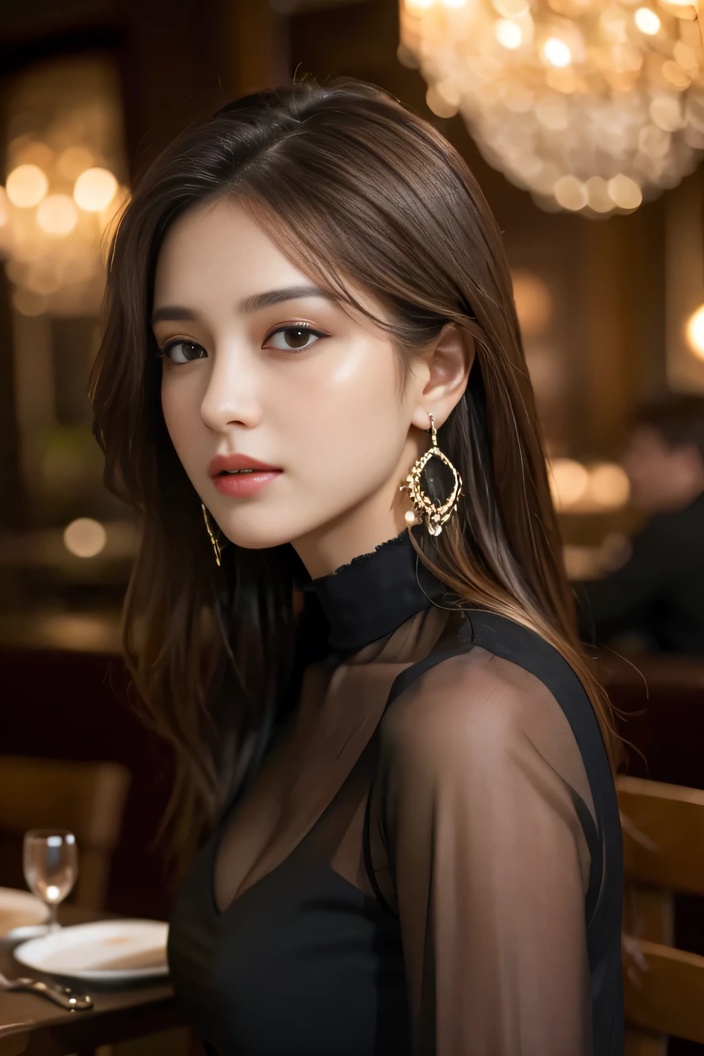 masterpiece, highest quality, Realistic, Very detailed, Finer details, High resolution, 8k wallpaper, One beautiful woman, Wear a black see-through shirt, In a great restaurant, At night, Light brown messy hair, Perfect dynamic composition, Beautiful and beautiful eyes、Big earrings、