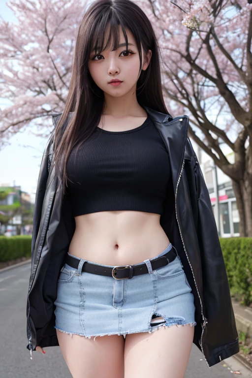 masterpiece, highest quality, High resolution, Very detailed, Detailed Background, Cinema Lighting, One Girl, cute, Mid-chest, , Cyber City、cyber punk、Skirt flip, Public indecency, Show Viewer, building, Outdoor, cherry blossoms, Bokeh,