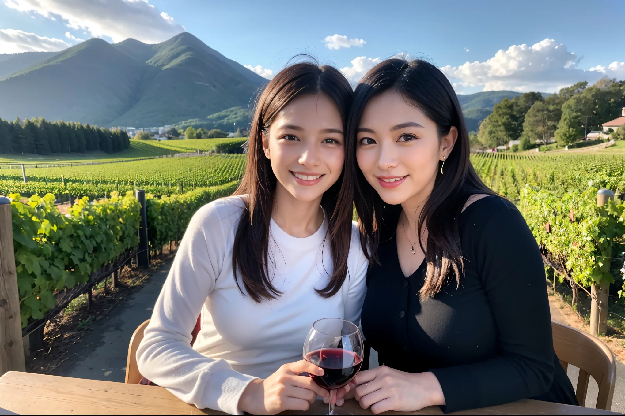 ((highest quality、8k、masterpiece:1.3))、1 male 1 female、lover、Beautiful couple、smile、full-course dinner (Slim face), (the body is スリム), (Brown Hair), (Shortcutsヘアー), テーブルの上のwine glass、Please shine a light on my face、 Amazing view of the sunset sky and clouds、Amazing mountain views、The beauty of a smile、Bright image、Blushing, Shortcuts,Bright Face、 (42 years old), 39 years old, red wine 、Appetizers、Italian food、Wine bottle、Champagne、sparkling wine、Long sleeve shirt、dress、Attractive beauty、restaurant, Nova Frog Style, actress, model, Upper Body, White wine, red wine, wine glass,