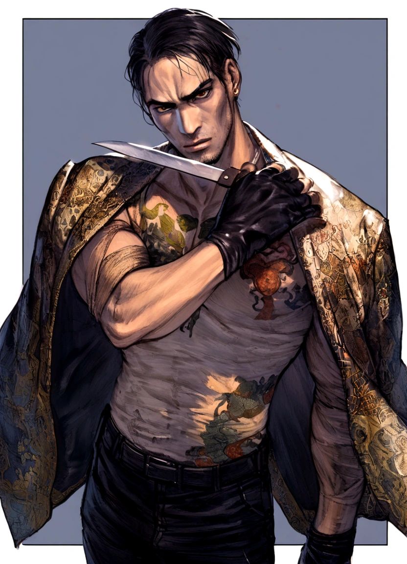 Arabian man with knife and snake wrapped around his chest, shinkiro toshiaki mori, His lower body is black leather pants, amano yoshitaka, shigenori soejima illustration, kentaro miura art, As a Tekken character, Goro Majima, Takehiko Inoue, Amano, Yakuza