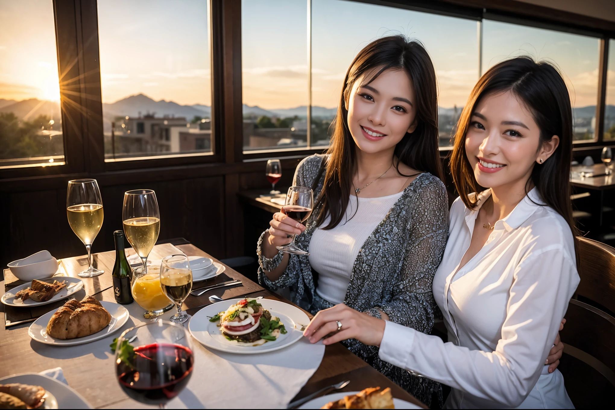 ((highest quality、8k、masterpiece:1.3))、1 male 1 female、lover、Beautiful couple、smile、full-course dinner (Slim face), (the body is スリム), (Brown Hair), (Shortcutsヘアー), テーブルの上のwine glass、Please shine a light on my face、 Amazing view of the sunset sky and clouds、Amazing mountain views、The beauty of a smile、Bright image、Blushing, Shortcuts,Bright Face、 (42 years old), 39 years old, red wine 、Appetizers、Italian food、Wine bottle、Champagne、sparkling wine、Long sleeve shirt、dress、Attractive beauty、restaurant, Nova Frog Style, actress, model, Upper Body, White wine, red wine, wine glass,