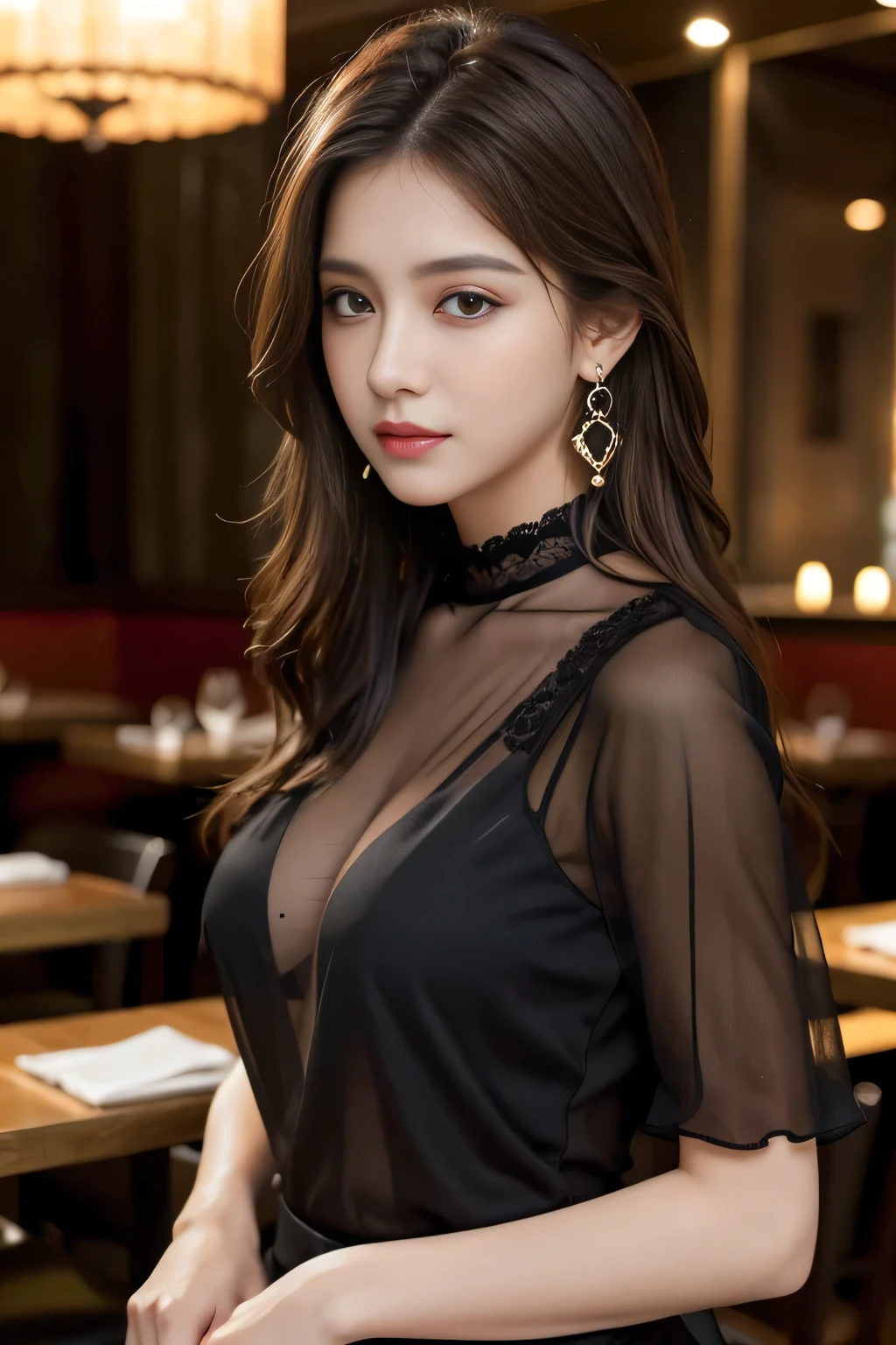 masterpiece, highest quality, Realistic, Very detailed, Finer details, High resolution, 8k wallpaper, One beautiful woman, Wear a black see-through shirt, In a great restaurant, At night, Light brown messy hair, Perfect dynamic composition, Beautiful and beautiful eyes、Big earrings、