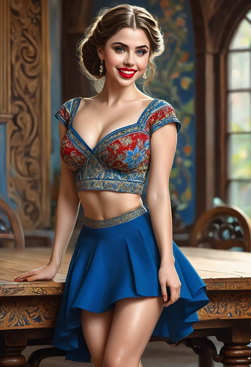 Balerina Gracefully Balanced On One Foot, Honey Brown Hair, Very Long Hair, Chignon, Crop Top. Leaning over table Provocatively, Messy Hair, Pale Skin, Red Lips, Skirt Wth Woodcut Patterns, Crop Top Wth Blue Rosemaled Designs. Midriff Wide Smile, Eyes Detailed & Wide,Dynamic Pose. Ultra HD, Rococo-Inspired Fantasy Art With Intricate Details. Cute, Charming Expression, Alluring-Gaze, Beautiful Eyes, An-Ideal-Hourglass-Figure. Large Youthful Well-Shaped-Breasts, Large round attractive ass. Massive-Round-breasts Décolletage. Full Length Side Profile. Digital Painting, Intricate Details. A spectacular mash up of Selena Gomez, KimKardashian.
