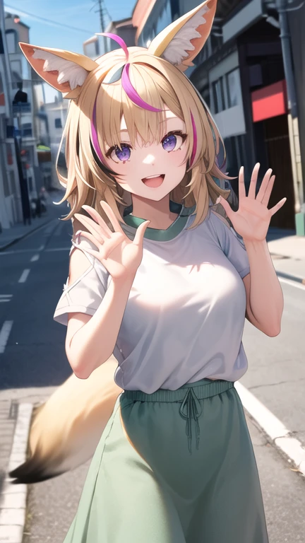 masterpiece, best quality, highres, op1, animal ears, fox tail, streaked hair, white shirt, short sleeves, long skirt, jewelry, green skirt, street, waving, smile, open mouth