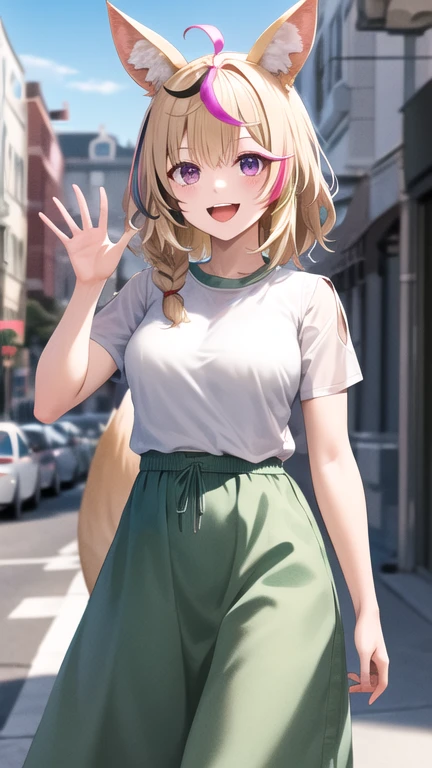 masterpiece, best quality, highres, op1, animal ears, fox tail, streaked hair, white shirt, short sleeves, long skirt, jewelry, green skirt, street, waving, smile, open mouth