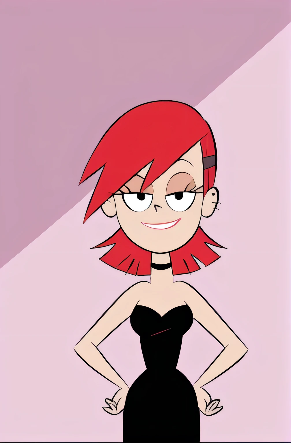 FrankieFoster, red medium hair, bob hair cut, black eyes, posing, solo, strapless black dress, smug, beautiful, arms at sides, standing up, hands on hip