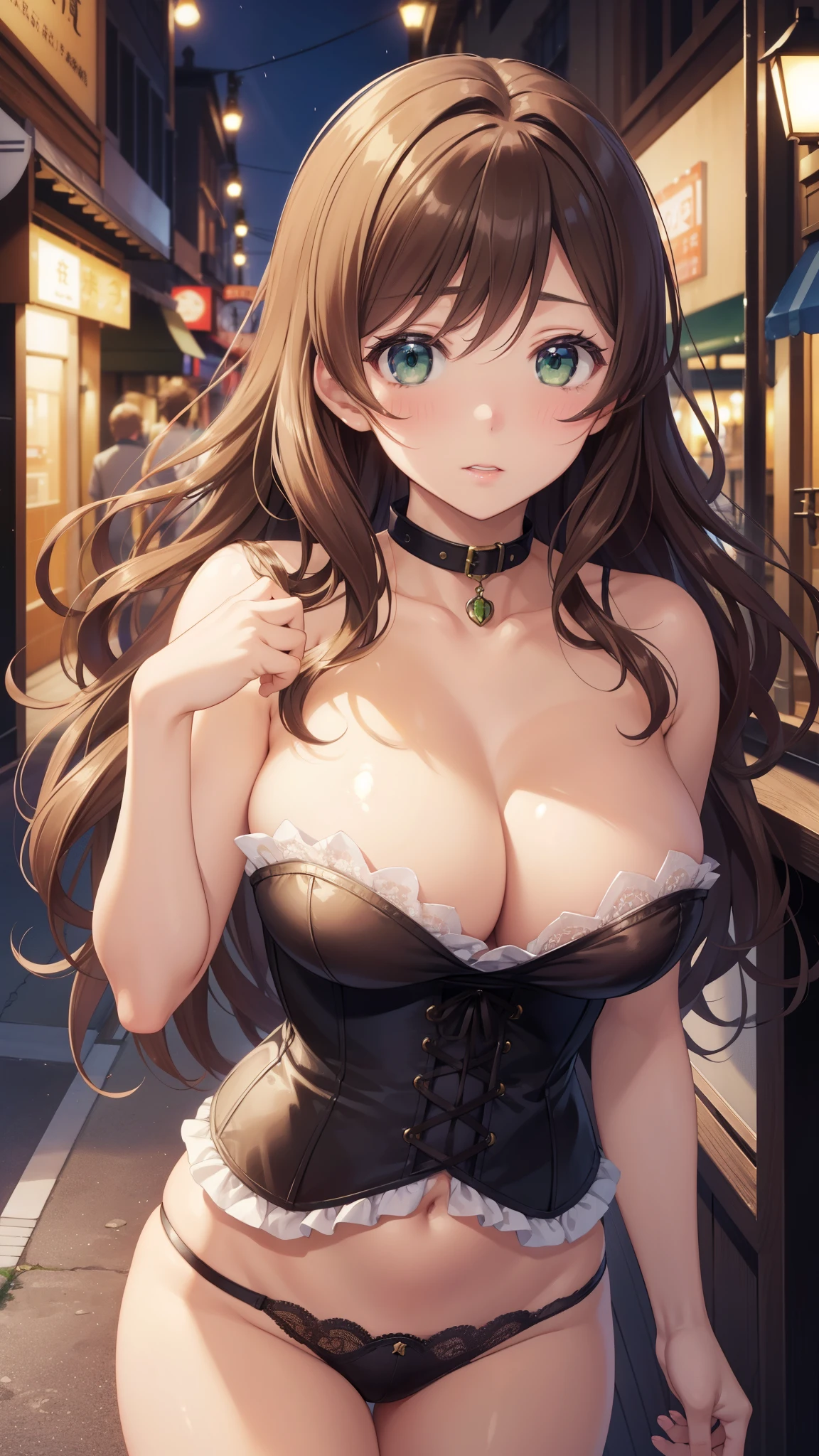 nozomitoujou, nozomi toujou, green eyes, brown hair, curly hair, large breasts, masterpiece, best quality, high resolution, beautiful detailed eyes, extremely detailed face, good lighting, detailed CG, messy hair, glossy lips, worried, city street, collar, strapless corset, lace panties