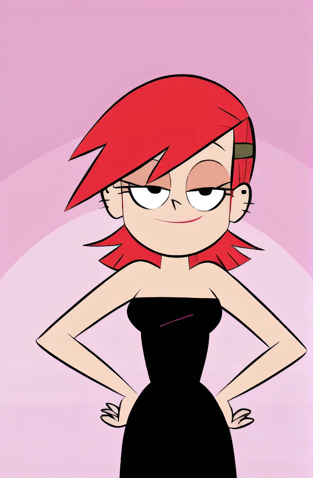 FrankieFoster, red medium hair, bob hair cut, black eyes, posing, solo, strapless black dress, smug, beautiful, arms at sides, standing up, hands on hip