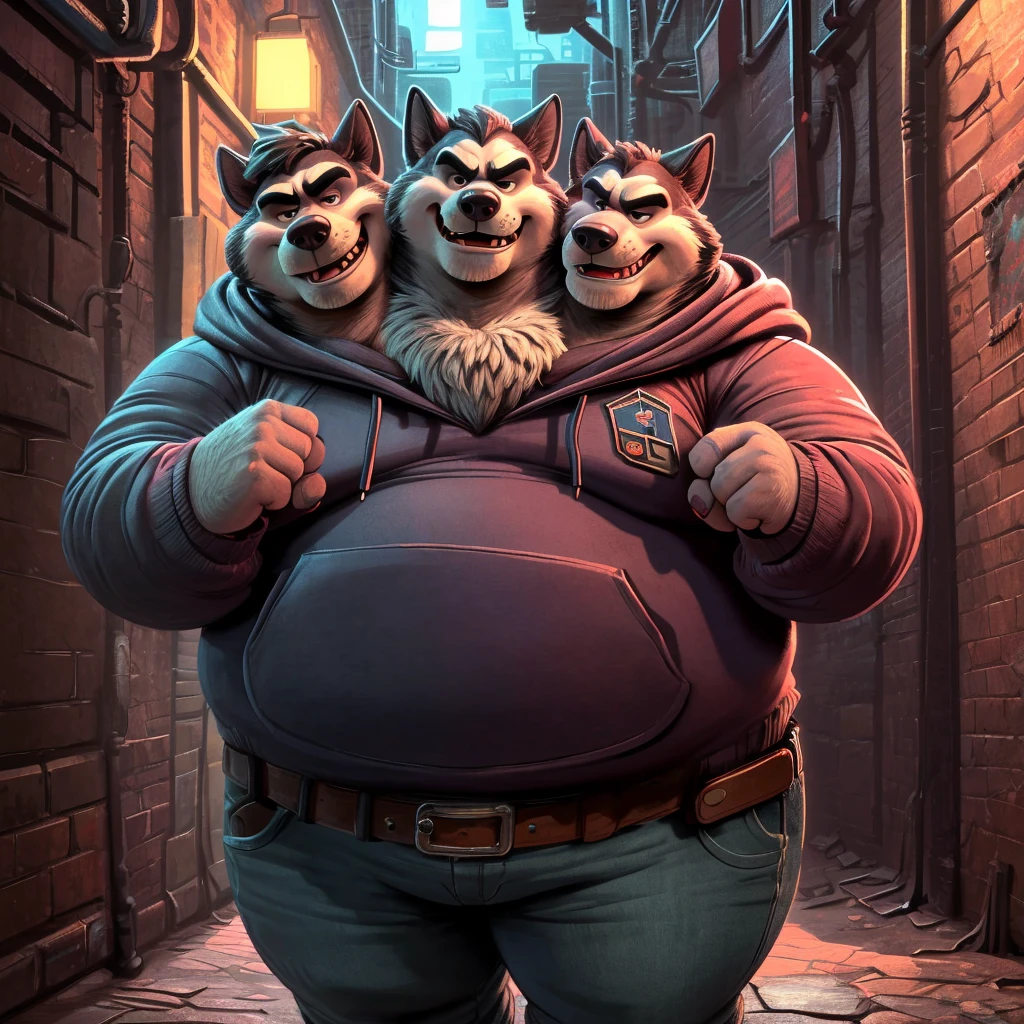 solo, siberian husky, three identical heads on one body, black and white fur, siberian husky ears, masculine, necks, (eyes), adult, male, 50 years old, (stylized 3d, by disney, by rembrandt), by pixar:1.1, by dramamine, ugly, (obese), dark alley background, (fully clothed, hoodie, jeans, belt), correct hands, correct anatomy, (ultradetailed, best quality, detailed masterpiece, highly detailed masterpiece, 4k, professional cartoon:1.7), (natural pose), (detailed expressions, intimidating, annoyed, smiling)
