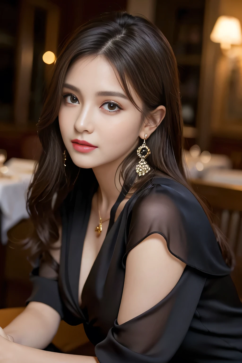masterpiece, highest quality, Realistic, Very detailed, Finer details, High resolution, 8k wallpaper, One beautiful woman, Wear a black silk blouse, In a great restaurant, At night, Light brown messy hair, Perfect dynamic composition, Beautiful and beautiful eyes、Big earrings、