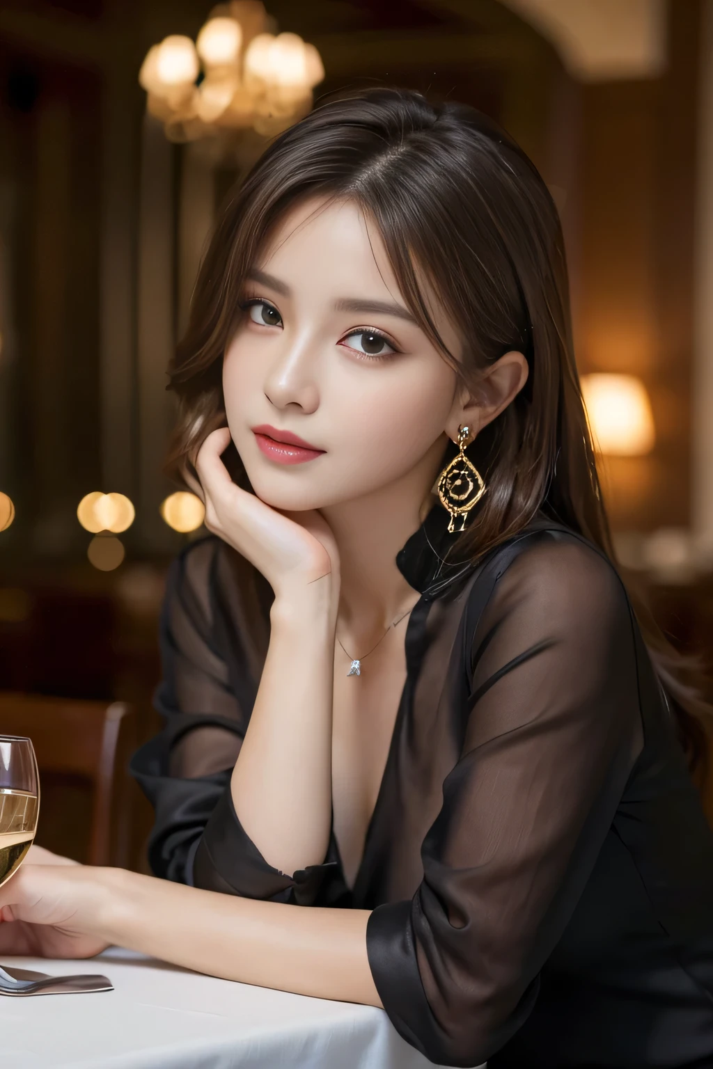 masterpiece, highest quality, Realistic, Very detailed, Finer details, High resolution, 8k wallpaper, One beautiful woman, Wear a black silk blouse, In a great restaurant, At night, Light brown messy hair, Perfect dynamic composition, Beautiful and beautiful eyes、Big earrings、