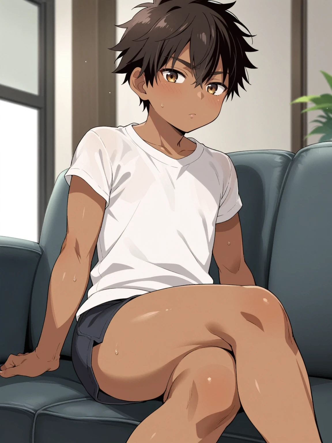 Score_9,  score_8_up,  score_7_up, source_anime, fine anime screencap_xl, anime_screencap, BREAK, 1boy, shota, sitting, couch, bored, Apathetic, no shirt, no top, messy hair, brown skin, dark skin, thighs, ikuchan