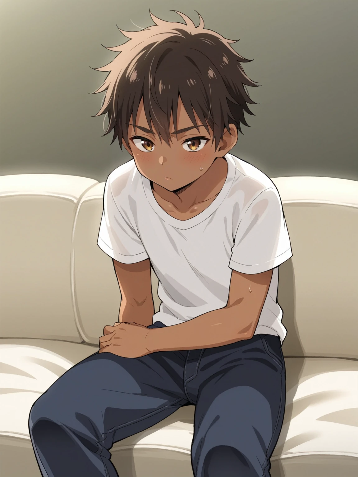 Score_9, score_8_up, score_7_up, source_anime, fine anime screencap_xl, anime_screencap, BREAK, 1boy, shota, sitting, couch, bored, Apathetic, no shirt, no top, messy hair, brown skin, dark skin, thighs, ikuchan