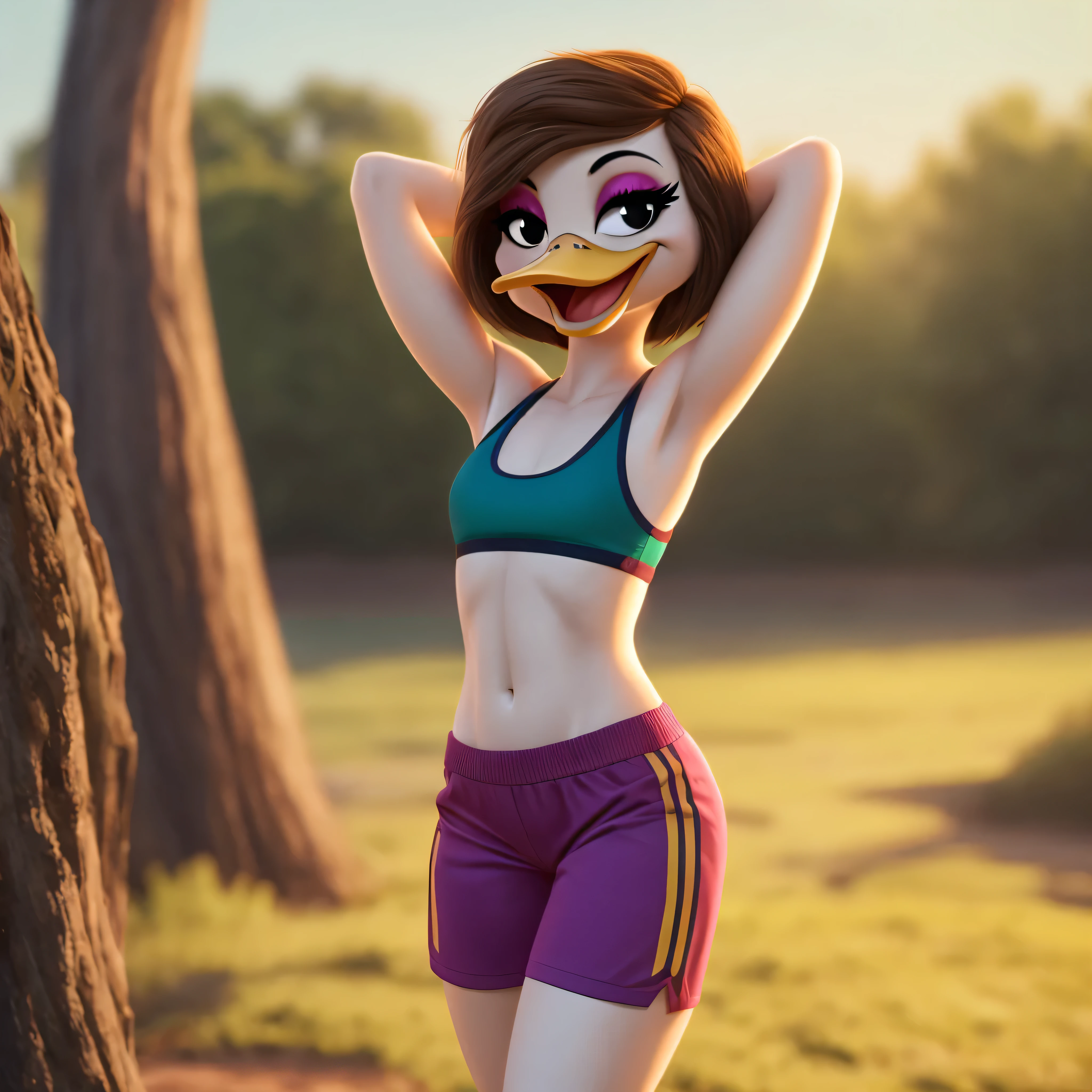 Lana Duck, female, brown hairstyle, yellow legs: 1.3, duck, wears green sports bra, detailed, green shorts, happy, smiling, white skin, black eyes, scut tail, flat chested, white skinny torso, red eyeshadow, ducktales, eyeliner, intricate, 8k hd, highest quality, beak, hands behind head, standing, solo:1.2, duck beak, eyeliner, black eyes, (outside), (looking at viewer), (soft cinematic light:1.1), (showing her torso), (lovable attitude), (acting silly)