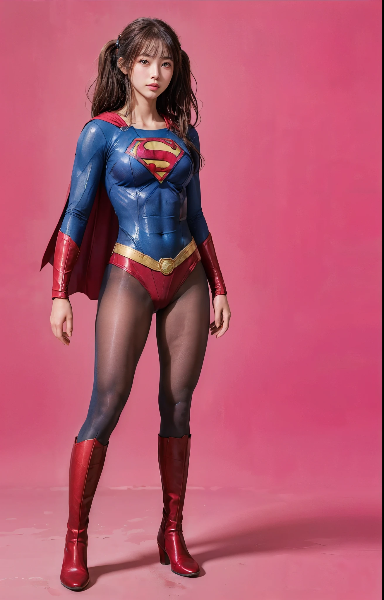 No background、(((Beautiful legs in black tights.)))、(((Legally express the beauty of your smile)))、((((Make the most of your original images)))、(((Body-hugging Supergirl costume)))、(((Supergirl Costume)))、(((Beautiful hair with twin tails)))、(((suffering)))、(((Please wear black tights....、Wear red boots)))、((Best image quality、8k))、((highest quality、8k、masterpiece:1.3))、(((Preserve background )))、Sharp focus:1.2、Beautiful woman with perfect figure:1.4、Slim Abs:1.2、Wet body:1.5、Highly detailed face and skin texture、8k