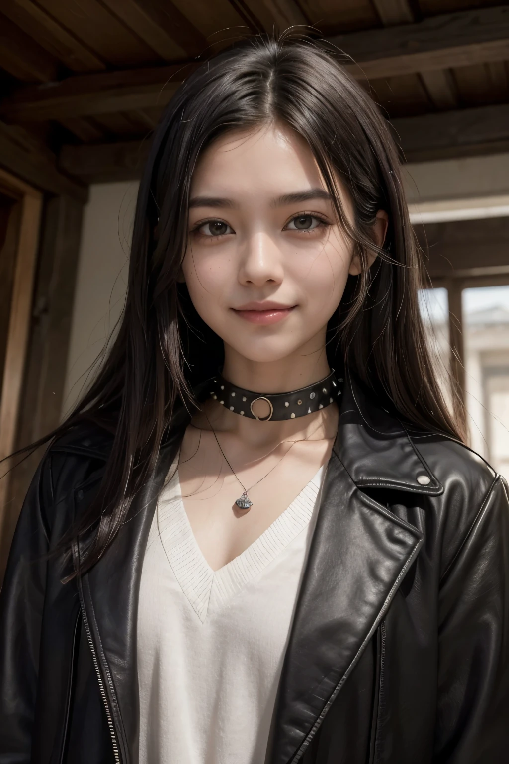 1 yong sonrisa, Adolescente, chica, joven, aristocrat, long black hair with spikes, chaleco amarillo oscuro, Brown/dusty and disheveled black coat, ojos marrones, collar alrededor del cuello, mace tipped cane, a huge irish wolfhound nearby, estilo negro, easy going, sonriendo, sonrisa, abrigo rasgado