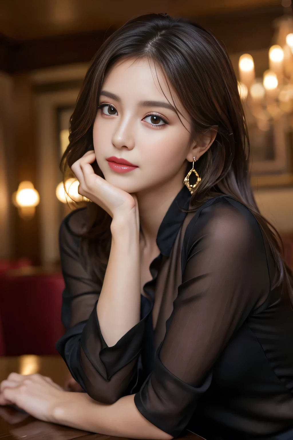 masterpiece, highest quality, Realistic, Very detailed, Finer details, High resolution, 8k wallpaper, One beautiful woman, Wear a black silk blouse, In a great restaurant, At night, Light brown messy hair, Perfect dynamic composition, Beautiful and beautiful eyes、Big earrings、