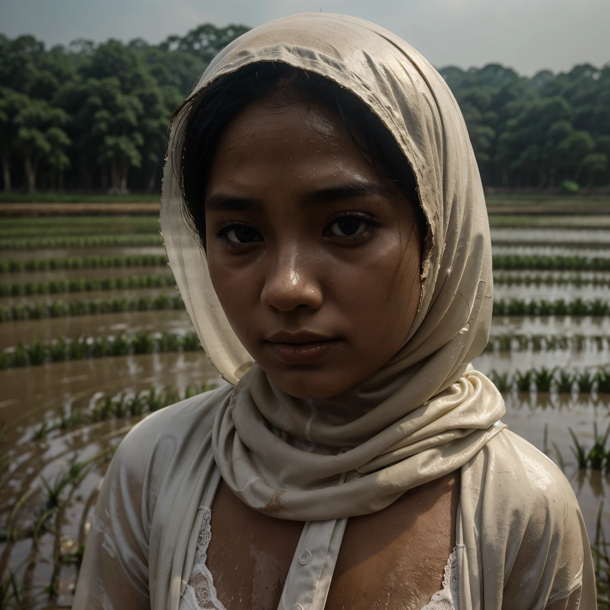 hazy light and shadow, aestheticism, melancholic film, (cloudy), 1 malay girl with hijab, white hijab, emotional depth, Torn lingerie、Muddy and lying in the middle of a rice field、Sadness face, Skin full of abrasions、Realistic dirty skin texture、mud、Covered in mud、Sunburned skin、poverty、Unhappy life