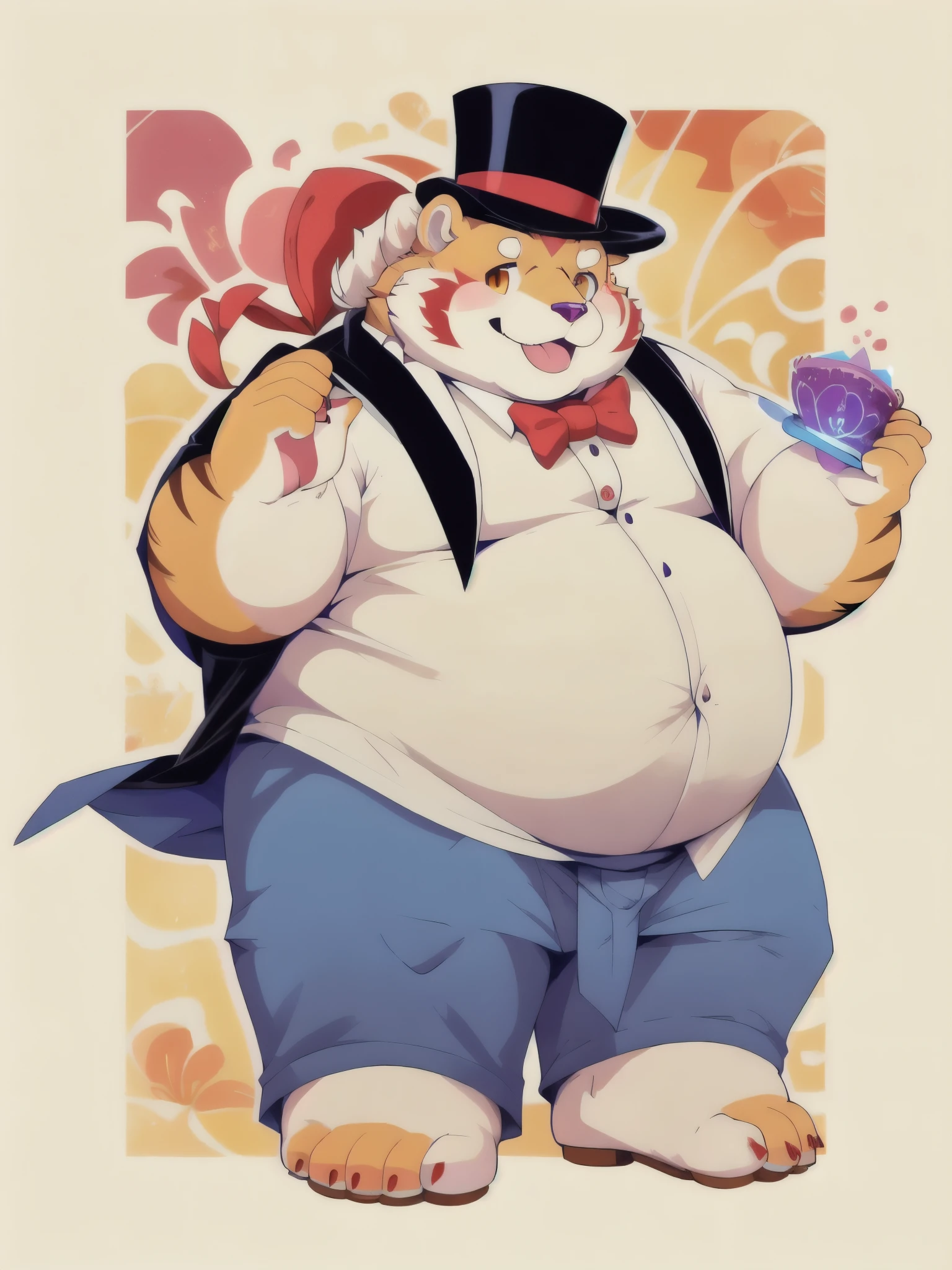 (masterpiece, best quality:1.2), fanqiuhu,furry,overweight,magician,White dress,white,White top hat,foot