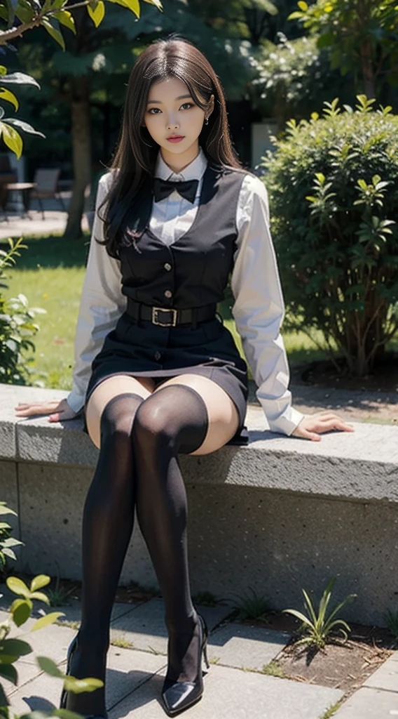 Best quality, full body portrait, delicate face, pretty face, 25 year old woman, slim figure, large bust, OL uniform, office clothes, black stockings, seductive smile, seductive posture, outdoor scene, sitting position, legs spread, flashing viewer,