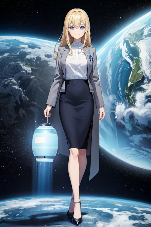 Anime drawings、Full body portrait、Office Lady in Space Science Fiction、A woman, standing upright, about 165cm tall, around 32 years old, wearing a grey jacket, white shirt and grey tight skirt.、is nervous、Bitter smile、Hairstyle is long straight、Blonde、Blue Eyes、pumps