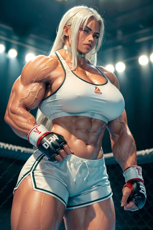 ((((Massive, beautiful, buff, sweaty, brown skinned female mma fighter with white hair, ginormous muscles and wearing a white sports bra with dolphin shorts)))), close view, massive muscle, massive biceps, hyper muscle shoulders, (massive muscle arms), vascular shoulders, hyper muscle triceps, (long straight hair), blue eyes, choker, sneakers, in a boxing ring, (fingerless gloves), closed smile, night, hyper vascular arm, hyper muscles arms, hyper muscle legs, (massive arms).