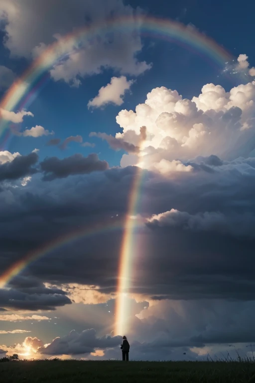 create a heart on top of a lawn, In the sky there is sun, clouds and a rainbow