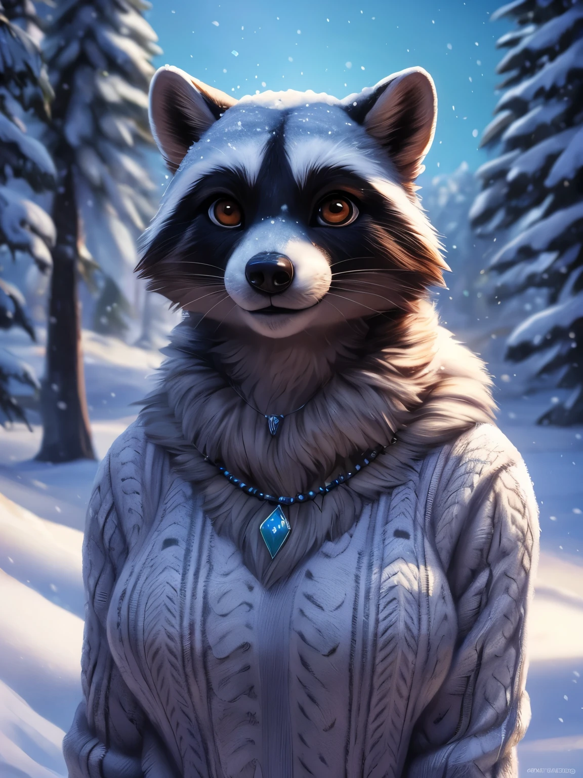(by pixelsketcher:0.6), (by personalami :0.6), solo, female,raccoon, detailed background, (cinematic lighting:1.1), (perfect focus:1.1), 8k hd, photo, (detailed eyes:1.2),depth of field, bokeh, subsurface scattering, perfect breasts, wide angle,(snow sweater,snow pants) bright colors, (furry detail:1.3),detailed background, wilderness background, realistic, photorealistic, ultra realistic,in the snow, snowy place,(short tail,smooth tail),smile,(fluffy:1.3), furry, buff, (realistic fur:1.1), (extreme fur detail:1.2),((eyes, beautiful eyes, brown eyes)),(grays body,gray fur,gray skin)),two skin tones,(((blue gem necklace))),full body