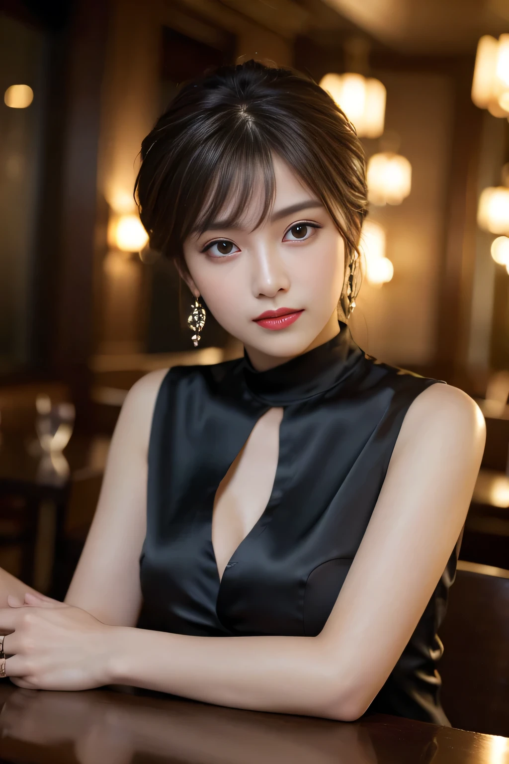 masterpiece, highest quality, Realistic, Very detailed, Finer details, High resolution, 8k wallpaper, One beautiful woman, Wear a black silk blouse, In a great restaurant, At night, Light brown unkempt short hair, Perfect dynamic composition, Beautiful and beautiful eyes、Big earrings、Sleeveless shirt、
