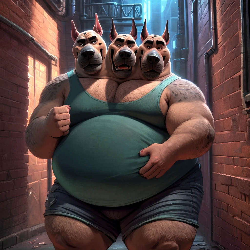 solo, canine, great dane, three heads on one body, dog ears, identical heads:1.2, (adult male, 50 year old male, (stylized 3d, by disney, by rembrandt), by pixar:1.1, by dramamine, (fat, dadbod, chubby, big belly, hairy armpits, bald, gray fur), shower background, (nude, flaccid penis, testicles, nipples), correct hands, correct anatomy, (detailed eyes:1.2, cartoon eyes:1.2, small dark pupils, masculine eyes), (ultradetailed, best quality, detailed masterpiece, highly detailed masterpiece, 4k, professional cartoon:1.7), ((slouching over:1.3, natural pose:1.3, relaxed expression:1.3, tired expression:1.3, grumpy expression:1.3)), side view