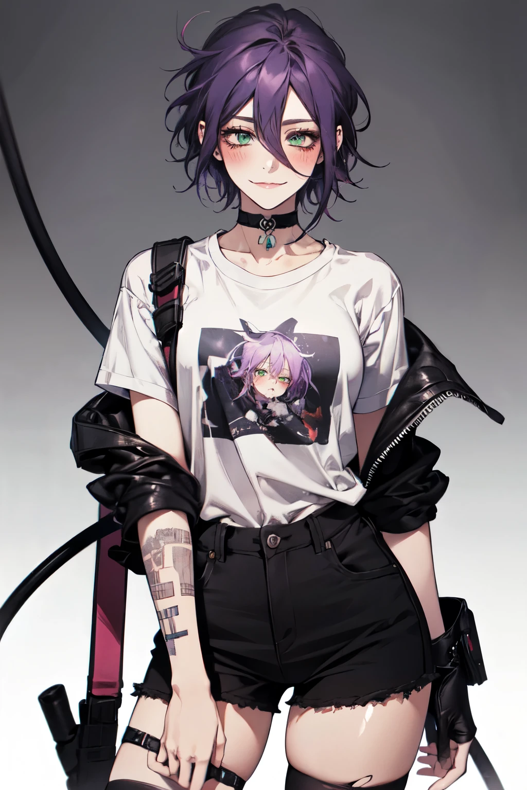 cowboy shot, ((white shirt)), 1girl,  , green eyes , smirk , blush ,  black choker , hair between eyes , purple hair, r , short hair ,  cable , casual outfit , goth girl , black shirt , tatoo ,  punk girl , techwear , leg wear ,   legs tatoo , arm tatoo , torn clothes 