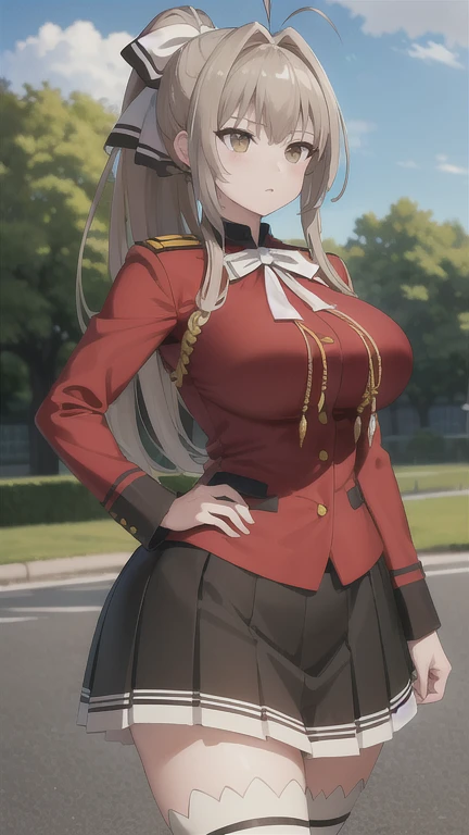 masterpiece, best quality, highres, 1girl,, curvy, wide hips, large breasts, aaisuzu, ponytail, brown eyes, uniform, red shirt, aiguillette, long sleeves, black skirt, pleated skirt, white thighhighs, outdoors,blank stare, expressionless,