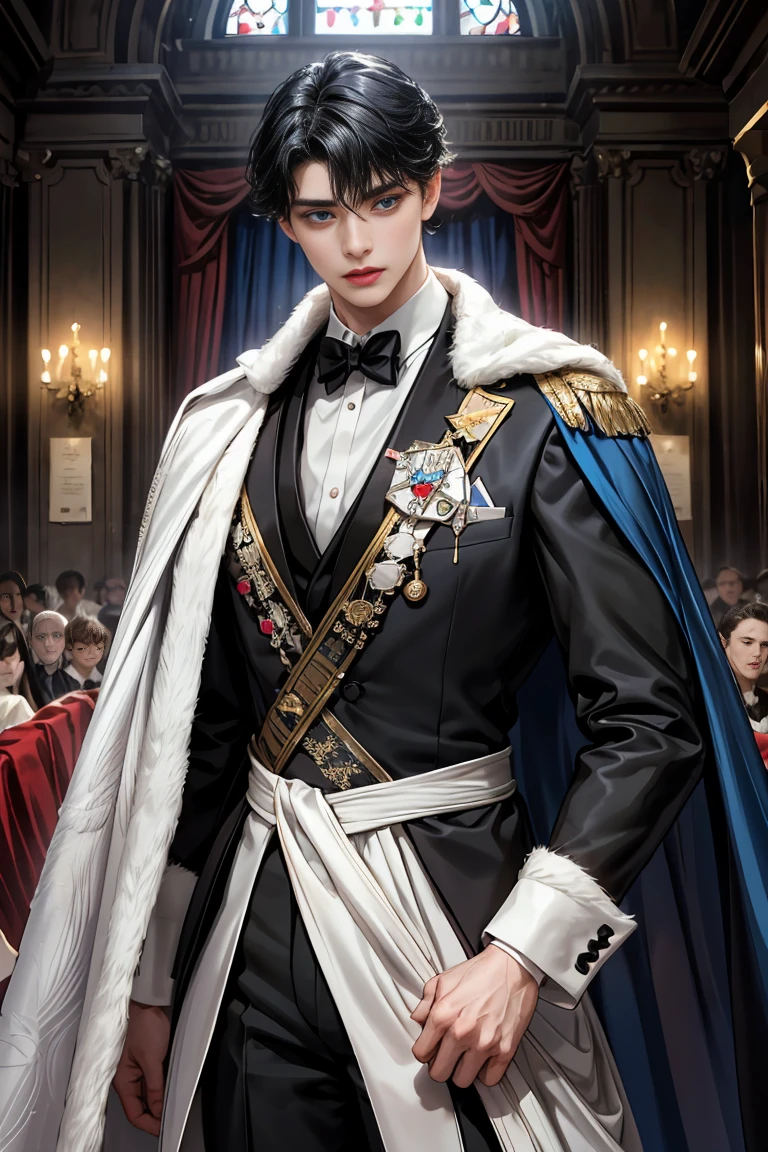 masterpiece, 最high quality, high quality, 1 boy, alone, Male focus, Watching the audience, Messy black hair, Adorable big blue eyes, White, Noble, Noble,Sexy voluminous cape、Tuxedo、A very voluminous, large, very large, very large, long, long red and black cape with a high stand-up collar, reaching down to the floor, made of a lot of fabric., 17 years old,Cute beautiful boys,Cute, cute, kind, handsome guy