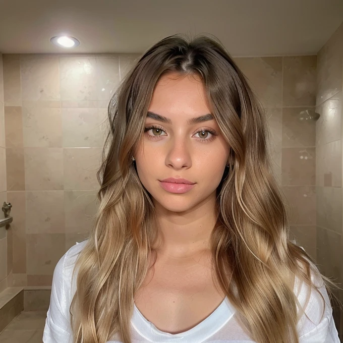 italiana hermosa from 17 years old, brown blonde ,rostro angelical y tierna , long hair hairsty le Semi updo with braid and thick waves Blonde with light roots , in the bathroom with clothes ,(( foto realista de noche), ((pechos normales )),((rostro angelical)),((foto entera de cuerpo con ropa ),((blonde hair with roots )), ((ropa de noche), cabello rubio ,Ojos castanhos claros , cuerpo completo ,Realista, sexy un  muy elegante, of celestial roots, rubia pelo, con ropa ,de noche,LUT de Instagram, from 17 years old.