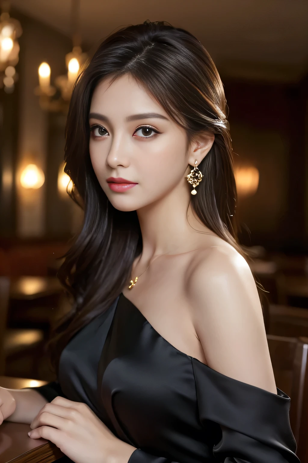 masterpiece, highest quality, Realistic, Very detailed, Finer details, High resolution, 8k wallpaper, One beautiful woman, Wear a black silk blouse, In a great restaurant, At night, Light brown messy hair, Perfect dynamic composition, Beautiful and beautiful eyes、Big earrings、