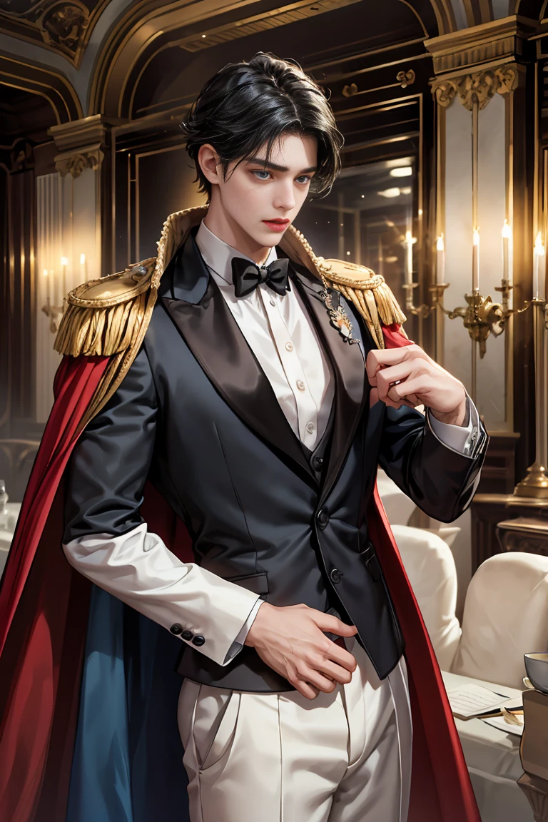 masterpiece, 最high quality, high quality, 1 boy, alone, Male focus, Watching the audience, Messy black hair, Adorable big blue eyes, White, Noble, Noble,Sexy voluminous cape、Tuxedo、A very voluminous, large, very large, very large, long, long red and black cape with a high stand-up collar, reaching down to the floor, made of a lot of fabric., 17 years old,Cute beautiful boys,Cute, cute, kind, handsome guy