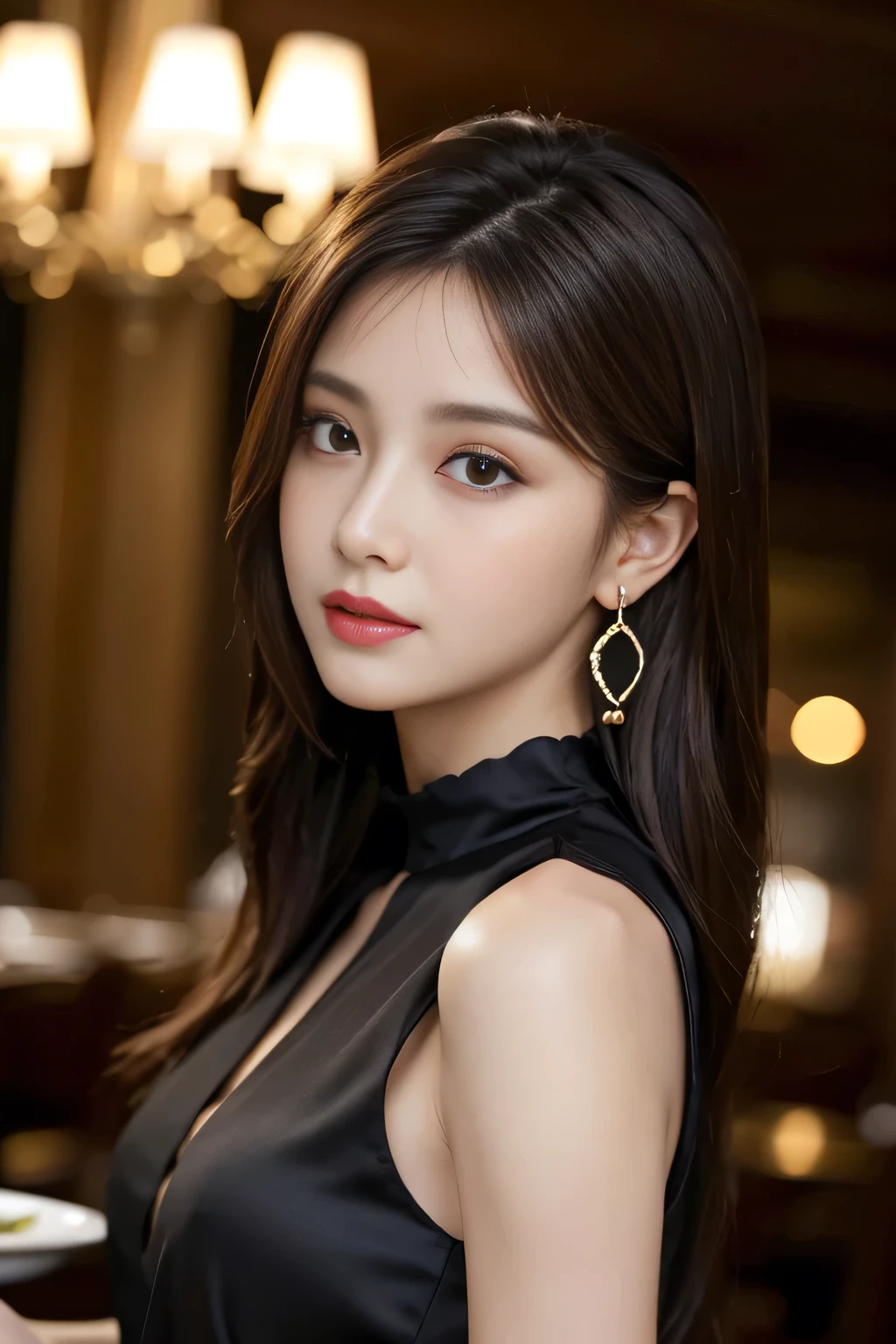 masterpiece, highest quality, Realistic, Very detailed, Finer details, High resolution, 8k wallpaper, One beautiful woman, Wear a black silk blouse, In a great restaurant, At night, Light brown messy hair, Perfect dynamic composition, Beautiful and beautiful eyes、Big earrings、Sleeveless shirt、