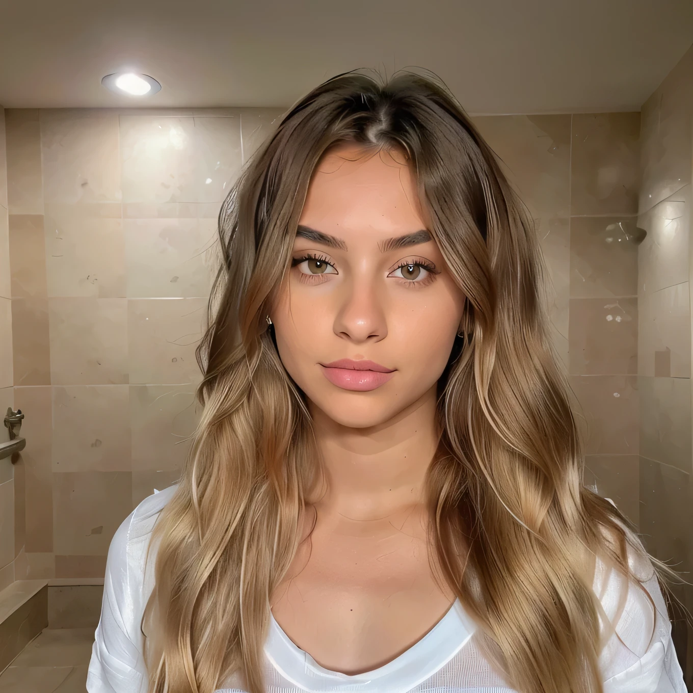 italiana hermosa from , brown blonde ,rostro angelical y tierna , long hair hairstyle Semi updo with braid and thick waves blonde with light roots , in the bathroom with clothes ,(( foto realista de noche), ((pechos normales )),((rostro angelical)),((foto entera de cuerpo con ropa ),((blonde hair with roots )), ((ropa de noche), cabello rubio ,Ojos castanhos claros , cuerpo completo ,Realista, un muy elegante, of celestial roots, rubia pelo, con ropa ,de noche,LUT de Instagram, from 17 years old
