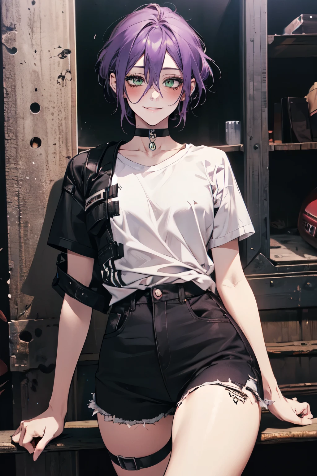 cowboy shot, ((white shirt)), 1girl,  , green eyes , smirk , blush ,  black choker , hair between eyes , purple hair, r , short hair ,  cable , casual outfit , goth girl , black shirt , tatoo ,  punk girl , techwear , leg wear ,   legs tatoo , arm tatoo , torn clothes 