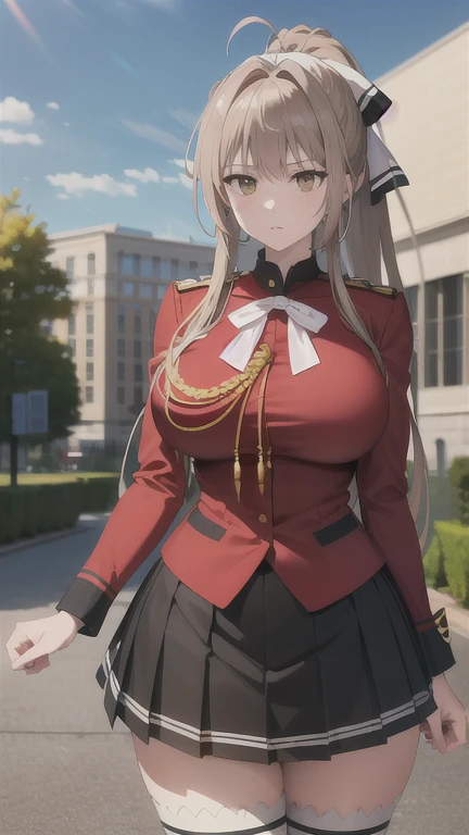 masterpiece, best quality, highres, 1girl,, curvy, wide hips, large breasts, aaisuzu, ponytail, brown eyes, uniform, red shirt, aiguillette, long sleeves, black skirt, pleated skirt, white thighhighs, outdoors,blank stare, expressionless,