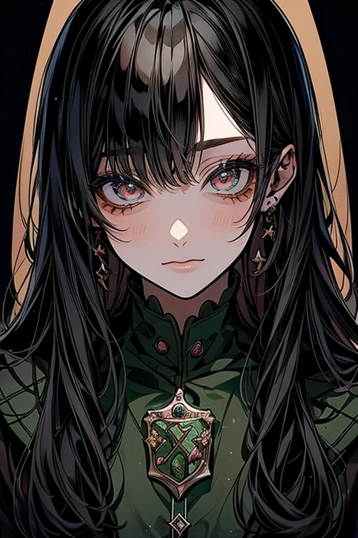 (Mastepiece), (Best Quality), Very detailed, Perfect Face, Beautiful Face, Very detailedな顔,(Black-haired girl), (Brown eyes) (harry potter hogwarts school Slytherin house)