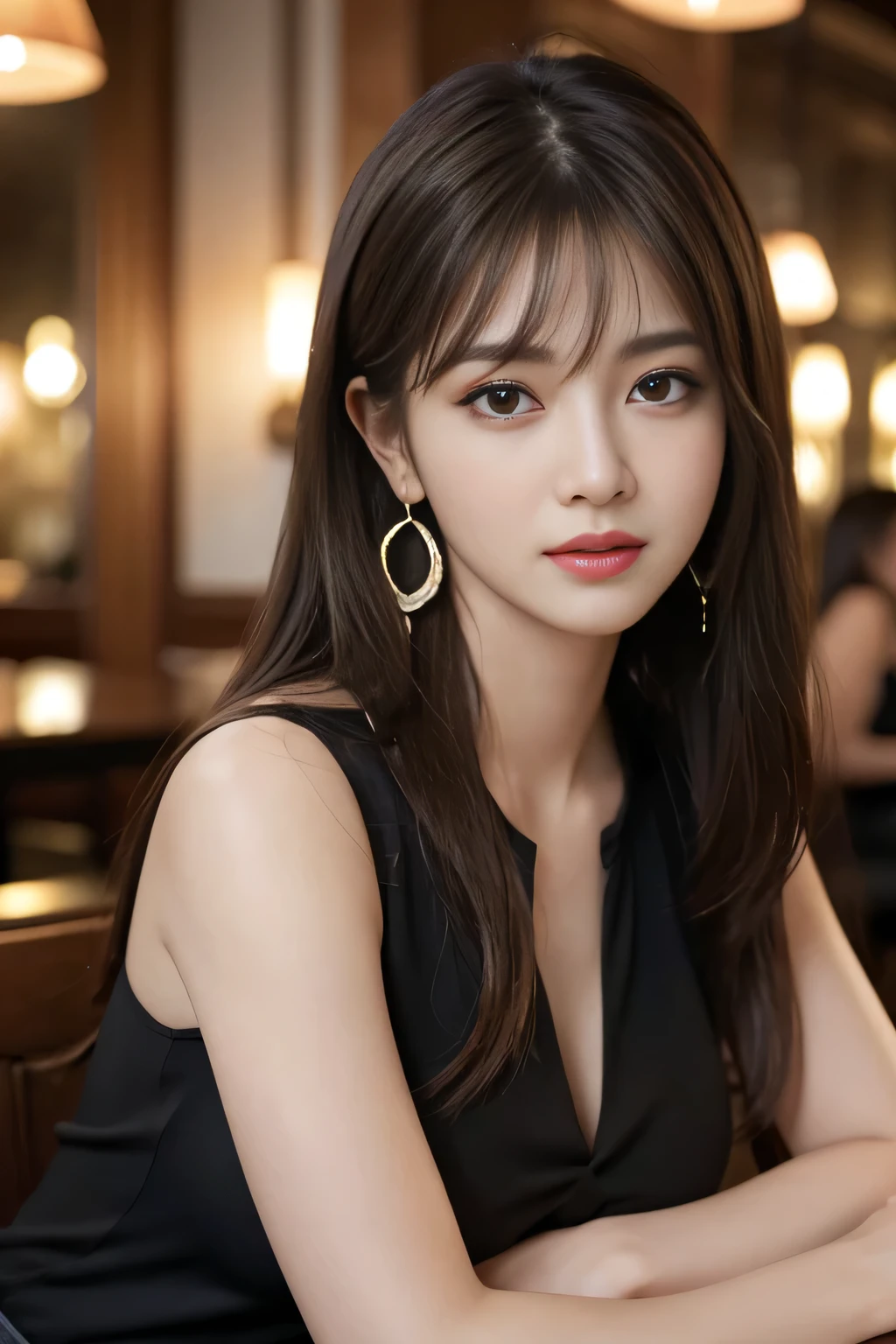 masterpiece, highest quality, Realistic, Very detailed, Finer details, High resolution, 8k wallpaper, One beautiful woman, Wear a black see-through shirt, In a great restaurant, At night, Light brown messy hair, Perfect dynamic composition, Beautiful and beautiful eyes、Big earrings、Sleeveless shirt、
