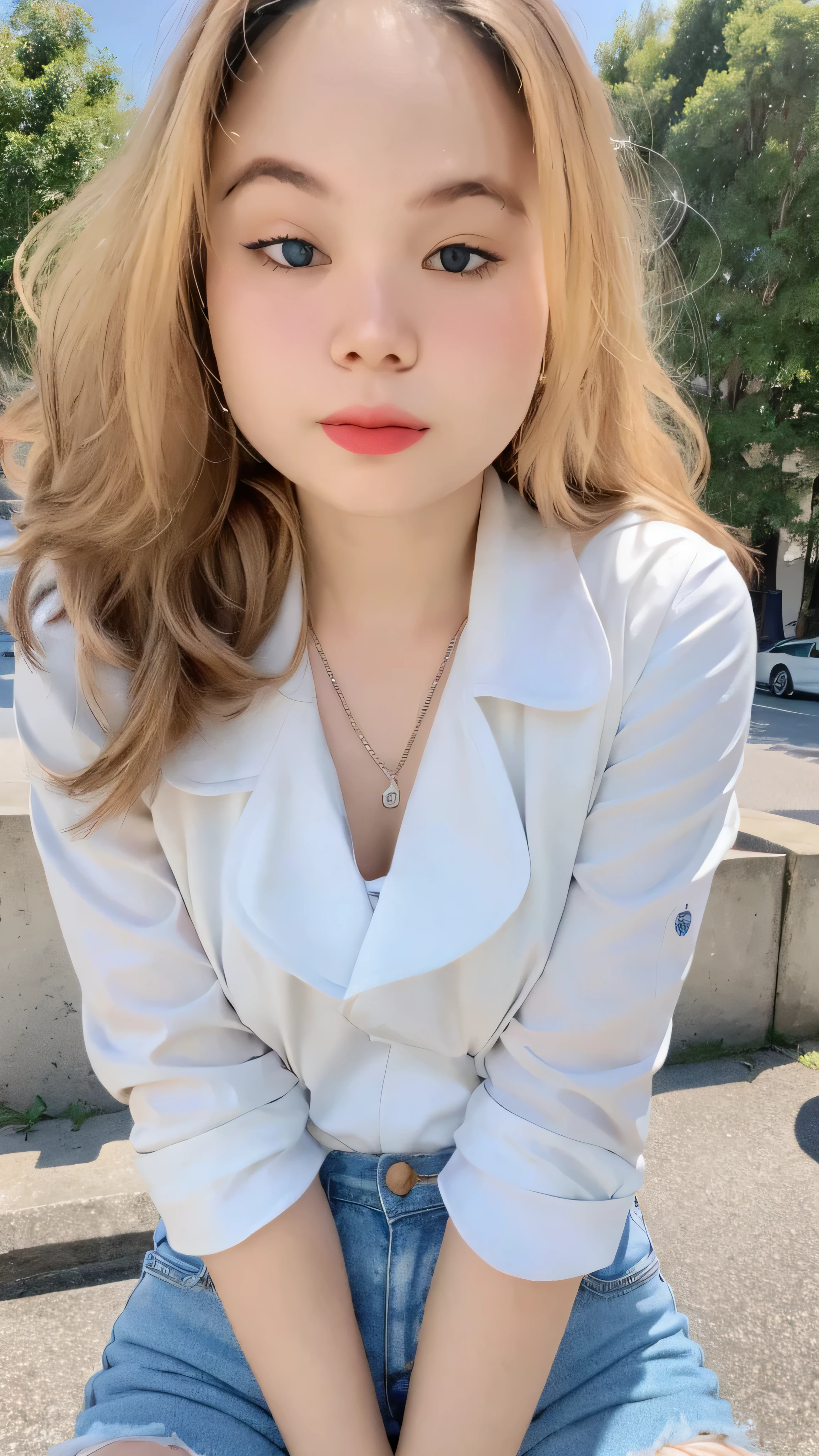 1girl, cute, smaller chest, blonde hair, long hair, wavy hair, bangs, open white jacket, sheer tank top, shorts jeans, sitting, outdoor, full-body portrait, (best quality,4k,8k,highres,masterpiece:1.2),ultra-detailed,(realistic,photorealistic,photo-realistic:1.37)