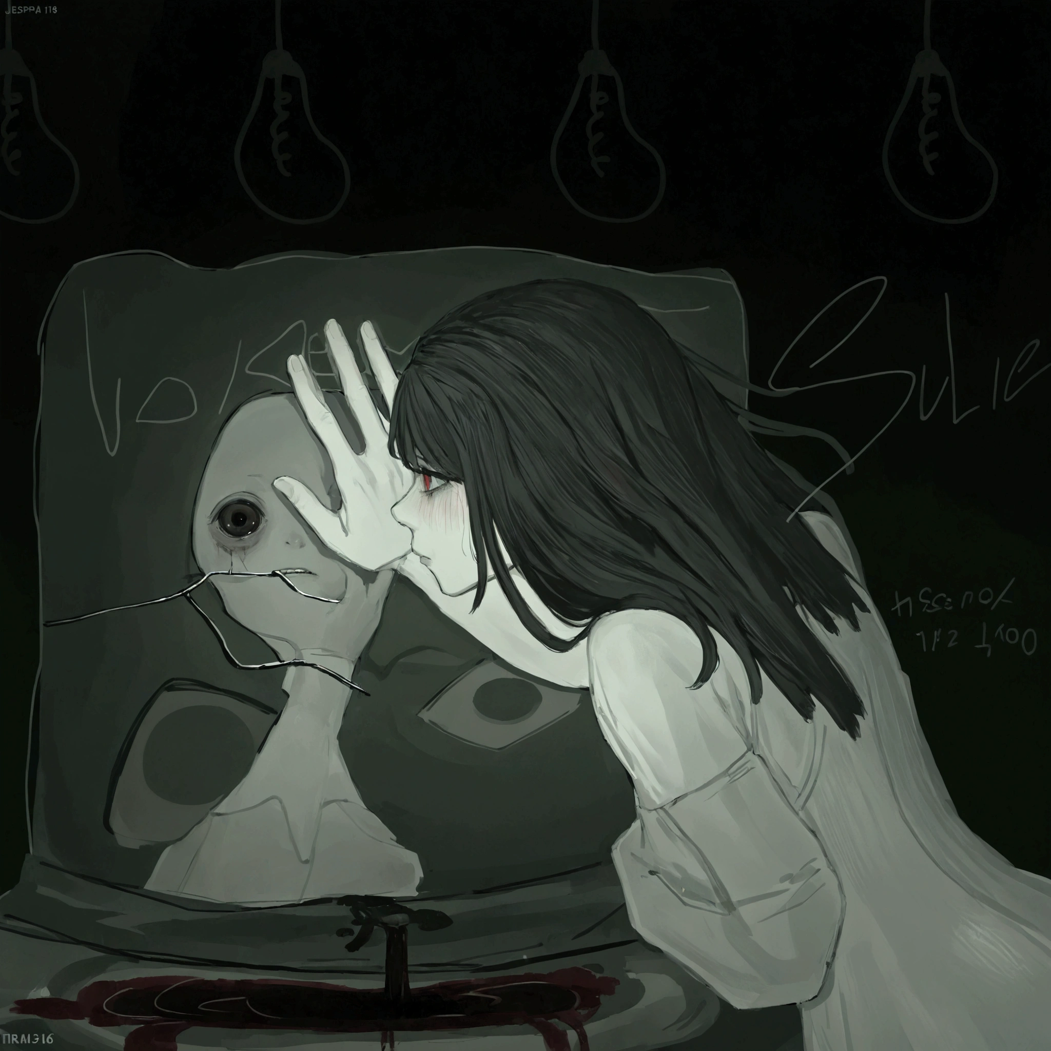 someone is drawing a woman with her hand on her face, Cena de pesadelo, scp 173, scp-173, Jeff O matador, cena triste, Repugnantepasta, Yume Nikki, Repugnante!!, indutor de pesadelo, scp-106, imagem assustadora, [ jogo de terror ], scp 3008, muito triste