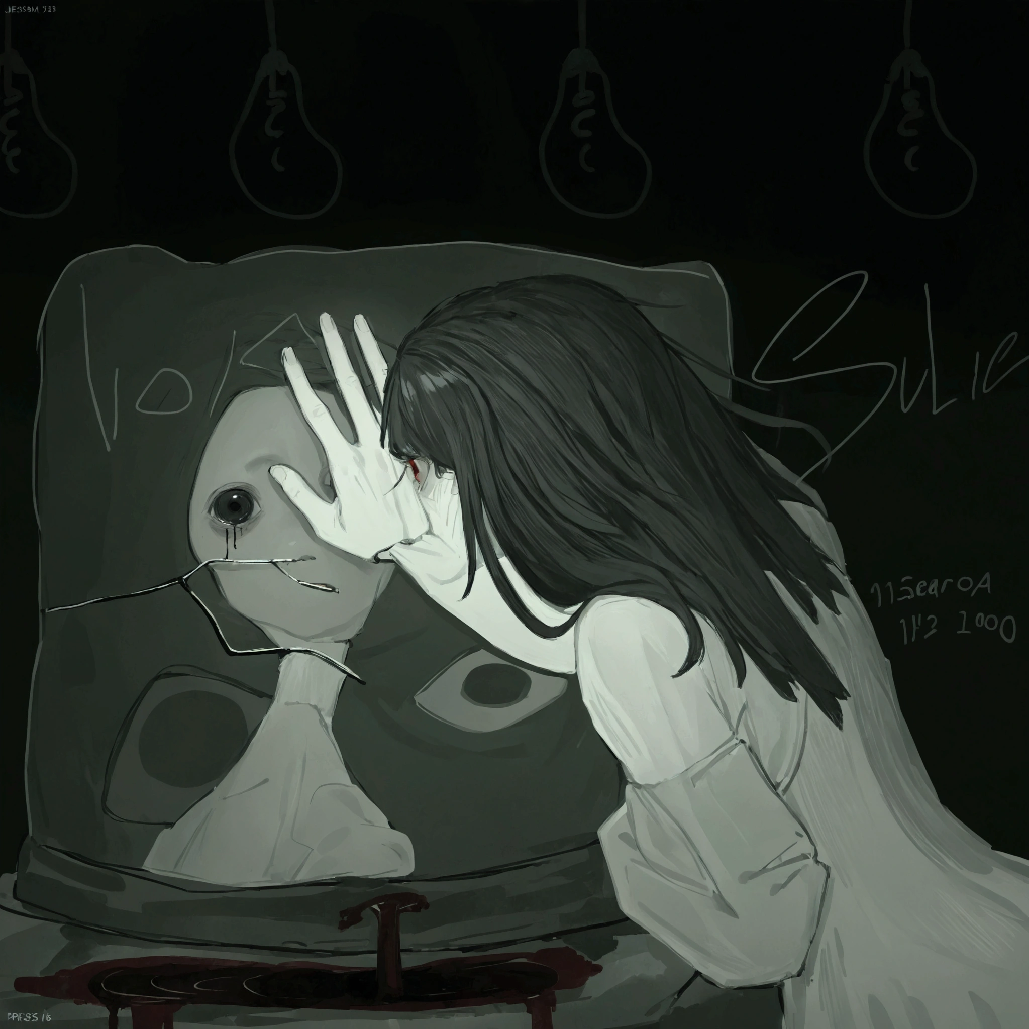 someone is drawing a woman with her hand on her face, Cena de pesadelo, scp 173, scp-173, Jeff O matador, cena triste, Repugnantepasta, Yume Nikki, Repugnante!!, indutor de pesadelo, scp-106, imagem assustadora, [ jogo de terror ], scp 3008, muito triste
