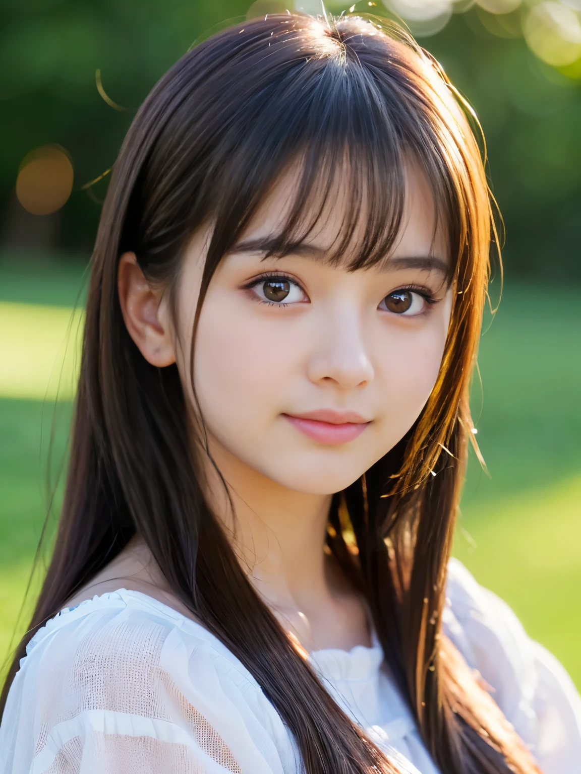 (Best-quality, Masterpiece, Ultra-High-Resolution, (Photorealistic:1.4), Raw Photo, depth of field, professional lighting, perfect anatomy, extremely details), 1girl, 15-years-old, the most famous Japanese idol, (face focus, close-up of face), ((extremely cute realistic-face like the most popular Japanese idol, ((extremely cute and extremely big big-eyes)), extremely beautiful and extremely realistic hair)), (((extremely beautiful and extremely realistic skins))), extremely cute and extremely realistic long-eyelashes, extremely cute and extremely realistic lips, innocent smile