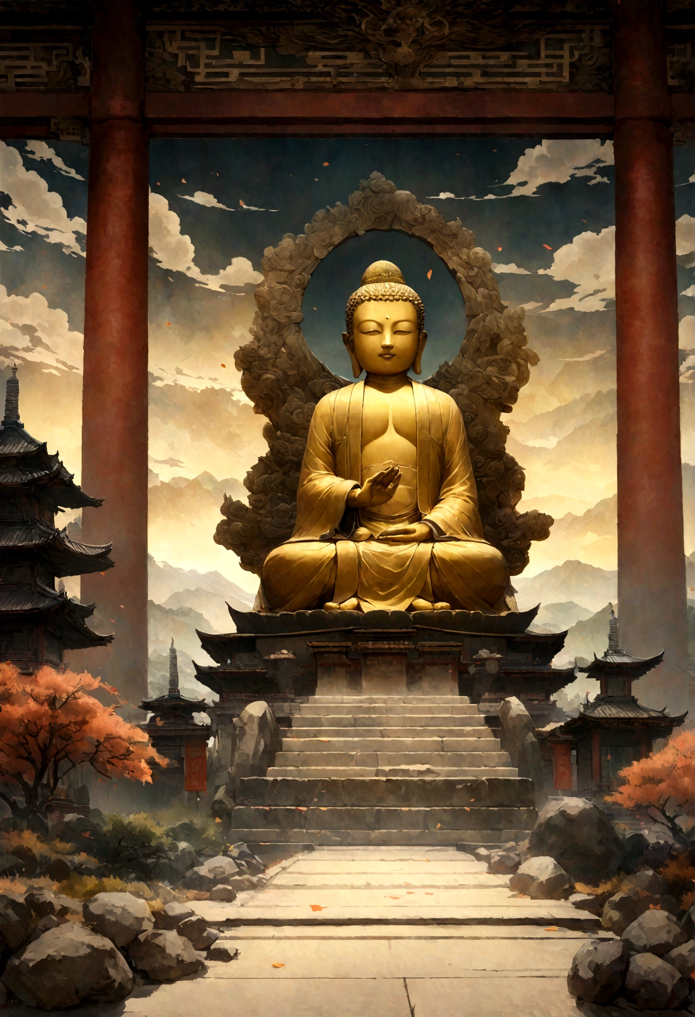 Giant stone Buddha，There are steps to get to that point, a Buddhist Buddha, Zen temple background, Buddha教, Digital Painting of a Pagoda, Buddha, Buddha教徒, Temple Background, Background artwork, inspired by Kaigetsudō Anchi, Buddha教美術, Buddha, Beautiful renderings of the Tang Dynasty, Highly detailed digital art in 4K, Asian Ultra Details