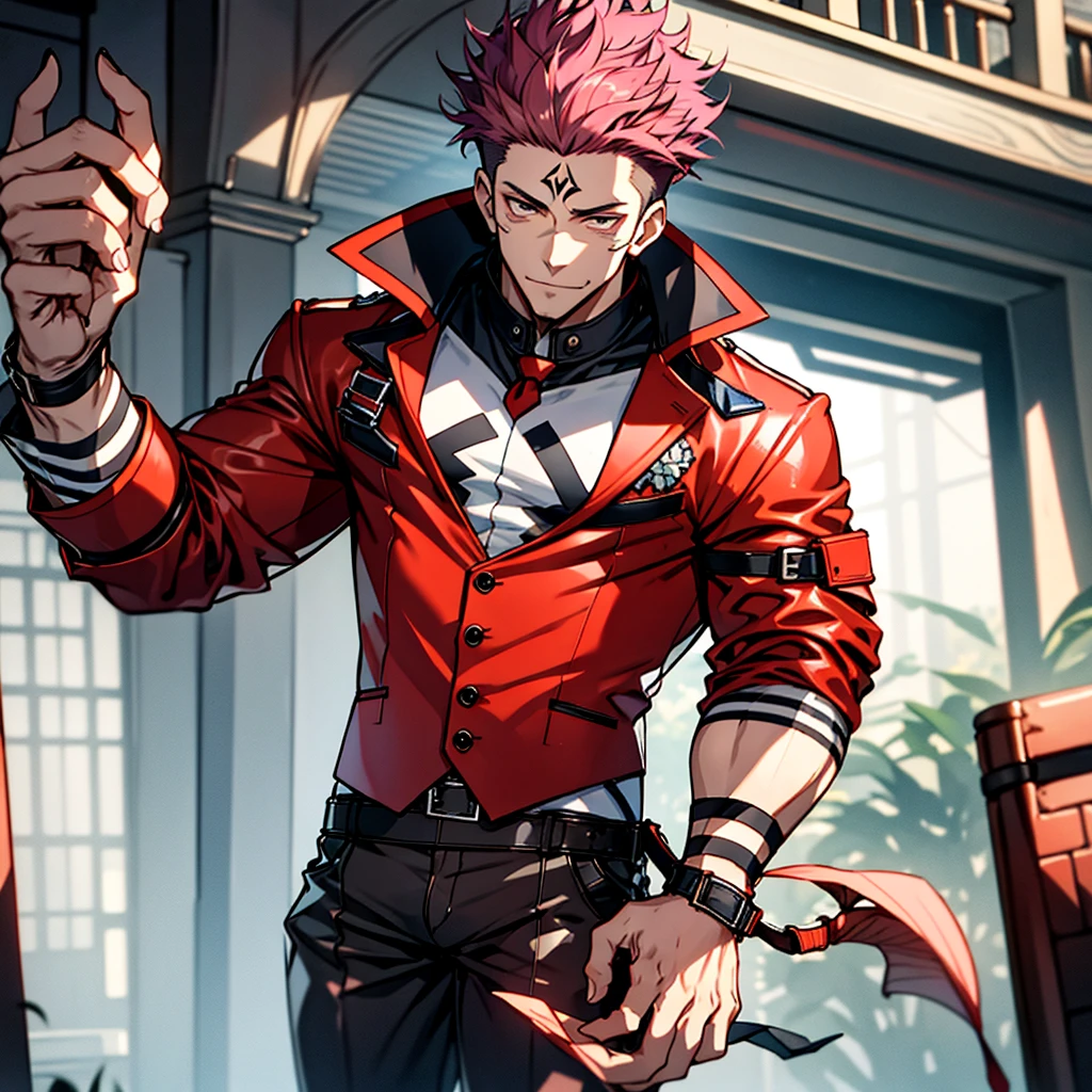 (masterpiece, best quality: 1.2), Solo, nsfw, male focus, 1boy, sukuna, tattoo_On_his_face, male, full bodyesbian, Red Leather jacket, Black Leather shirt, Leather pants, red Leather waistcoat, red Leather tie, Leather Gloves, Bulging muscles, A pink-haired, cow boy shot, 8K, super detailing, hands on , large erects overnches length and 3 inches width, tight leather suit, inside the house,